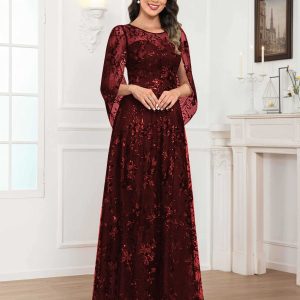 Robes Mère De La Mariée En Mousseline À Col Rond Pailleté Dentelle Quenella