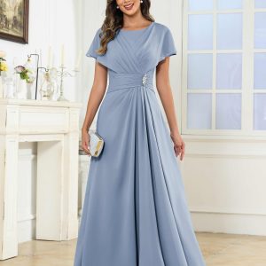 Robes Mère De La Mariée En Mousseline À Col Rond Perles Plissé Emmalyn