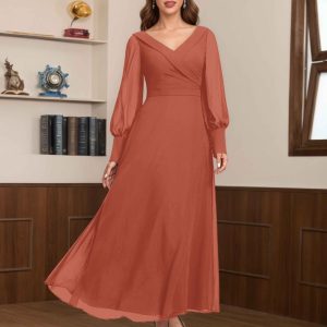 Robes Mère De La Mariée En Mousseline À Col V Manches Longues Nyx