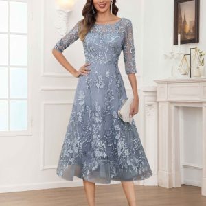 Robes Mère De La Mariée En Mousseline À Illusion Dentelle Midi Pax