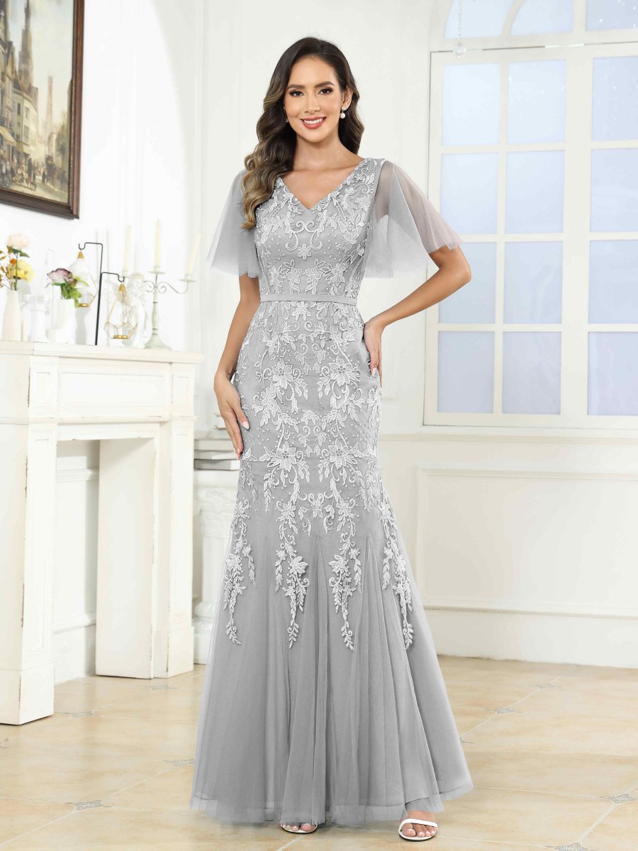 Robes Mère De La Mariée En Tulle À Col V Dentelle Appliqués Kara – Image 4