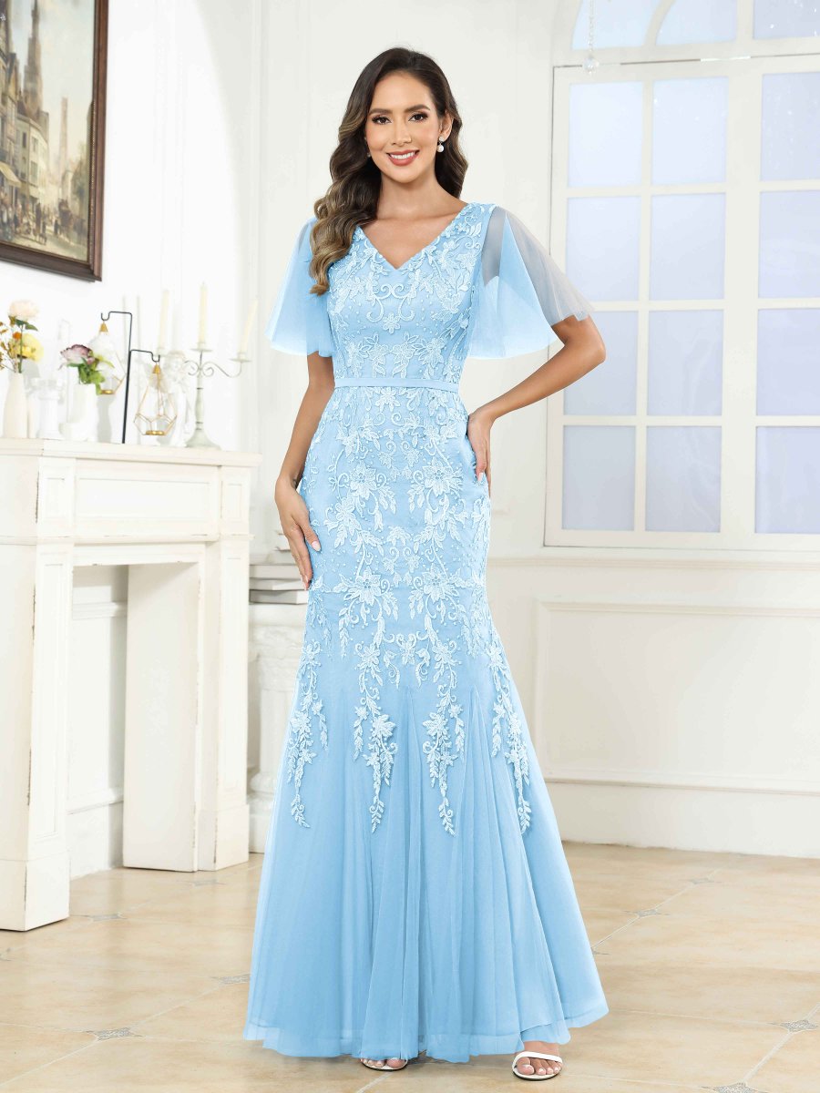 Robes Mère De La Mariée En Tulle À Col V Dentelle Appliqués Kara – Image 7