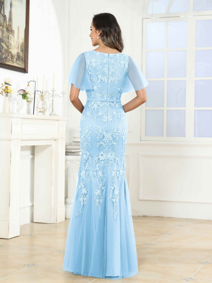 Robes Mère De La Mariée En Tulle À Col V Dentelle Appliqués Kara – Image 9