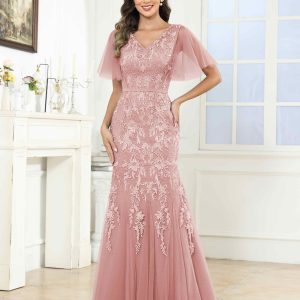 Robes Mère De La Mariée En Tulle À Col V Dentelle Appliqués Kara