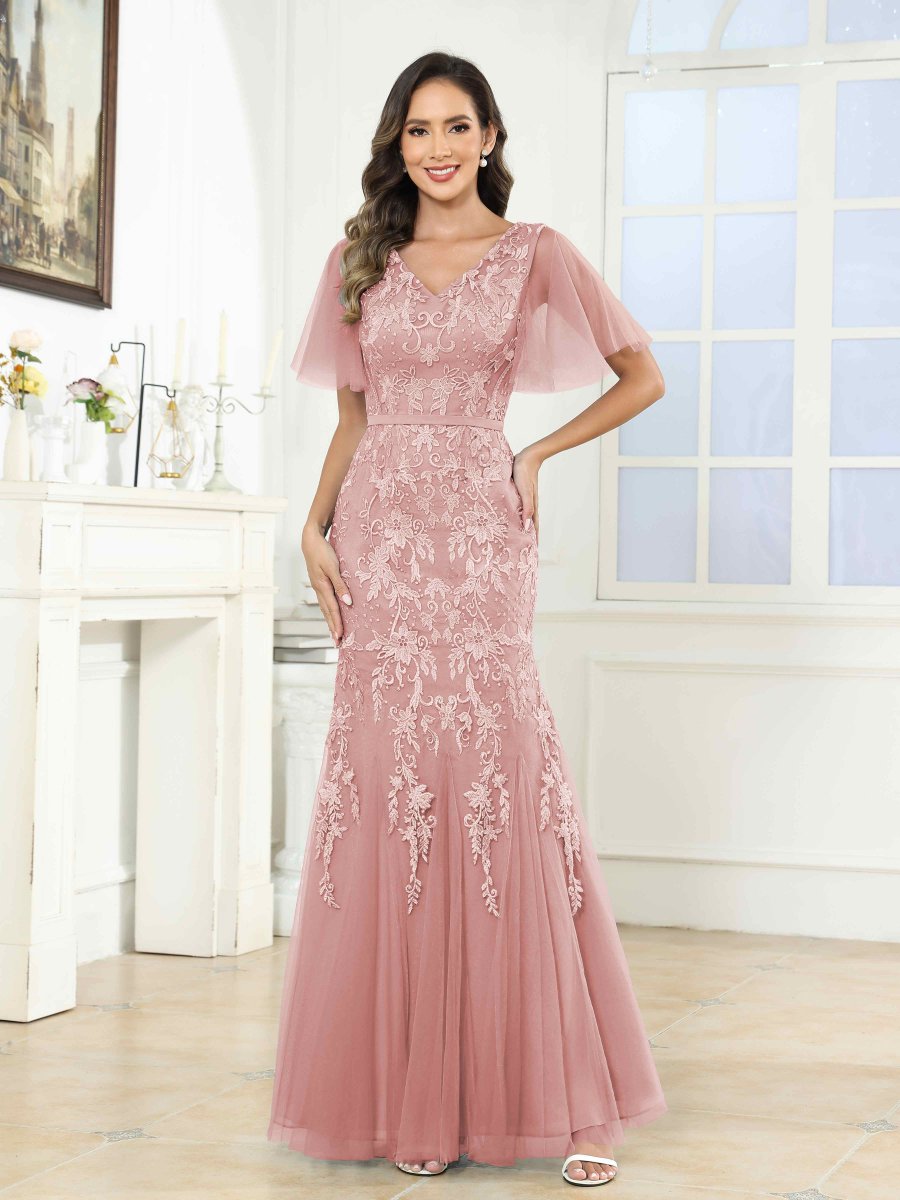 Robes Mère De La Mariée En Tulle À Col V Dentelle Appliqués Kara