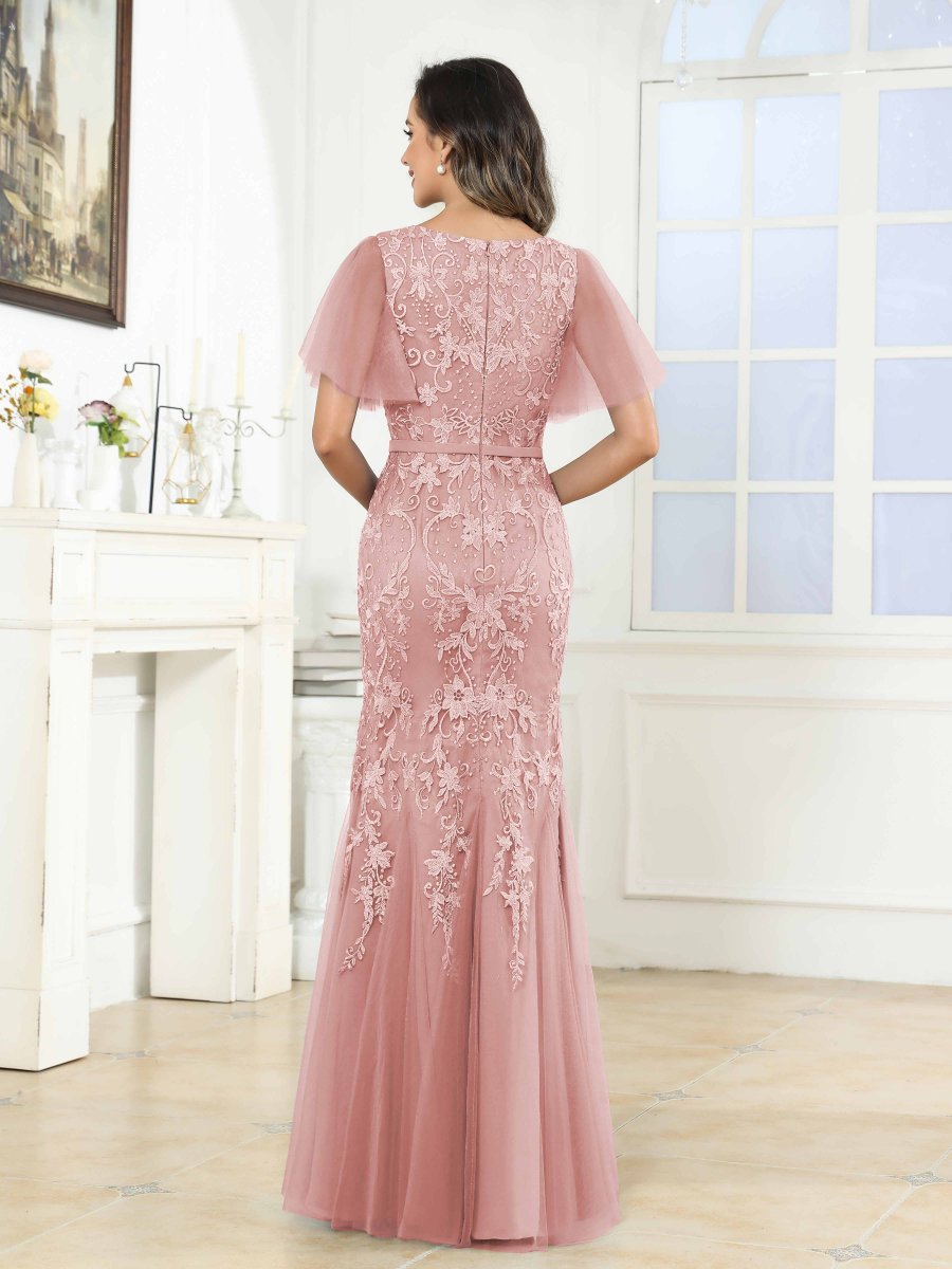 Robes Mère De La Mariée En Tulle À Col V Dentelle Appliqués Kara – Image 3