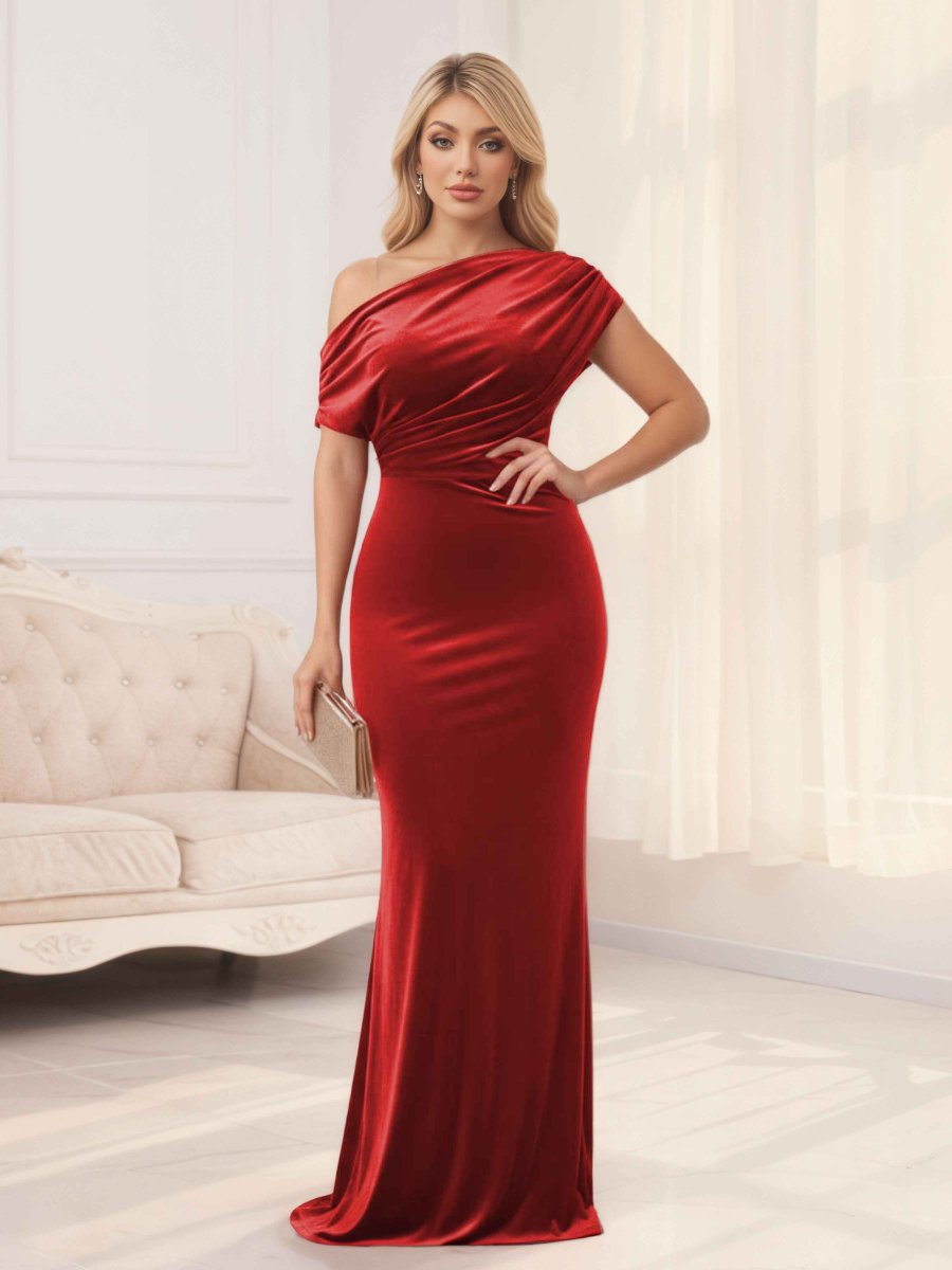 Robes Mère De La Mariée En Velours À Ruché Une Épaule Sephine – Image 2