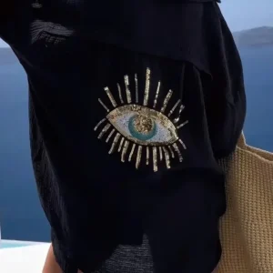 Oversize Embroidered Golden Eye Shirt | Bohemian Style and Mediterranean Charm