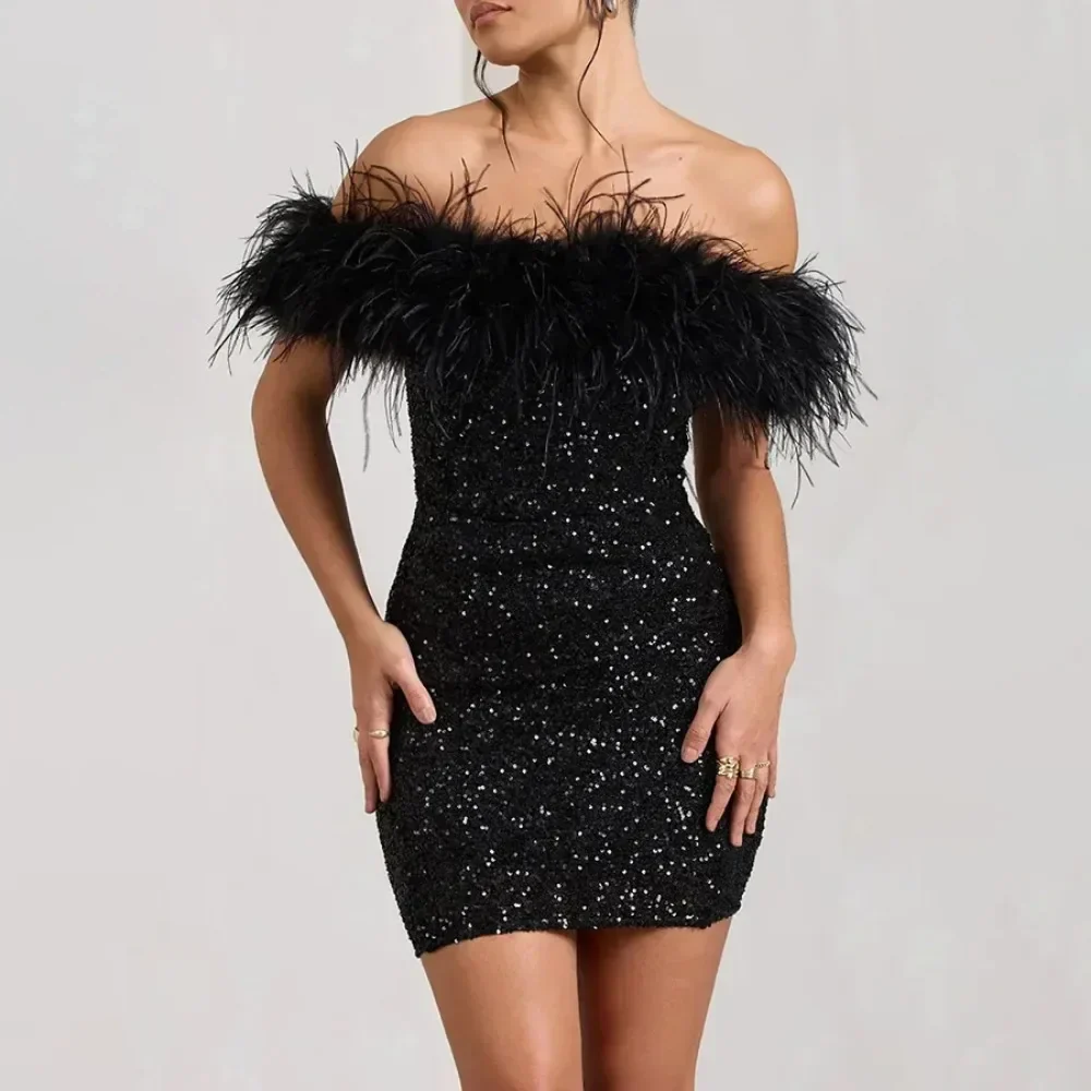 Élisa | Robe Courte à Sequins | Glamour de Soirée | Détails Plumes