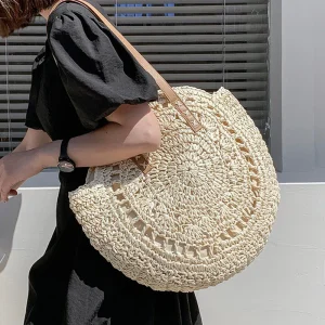 Chloé | Sac Rond en Paille Tressée | Élégance Bohème | Bandoulières Simili-Cuir