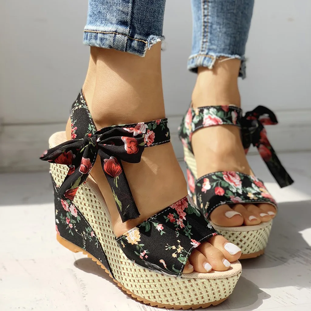 Flowered Compensated Sandals with Bow | Bohemian Charm and Comfort Height – Image 4