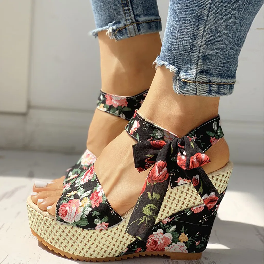 Flowered Compensated Sandals with Bow | Bohemian Charm and Comfort Height