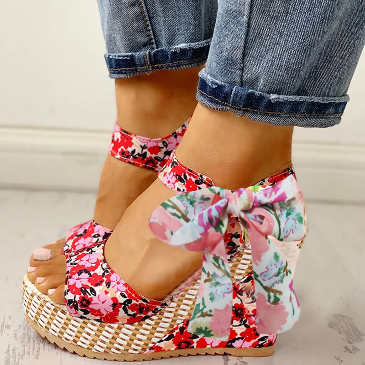 Flowered Compensated Sandals with Bow | Bohemian Charm and Comfort Height – Image 7