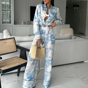 Blue Printed Satin Set | Casual Elegance and Sophisticated Allure