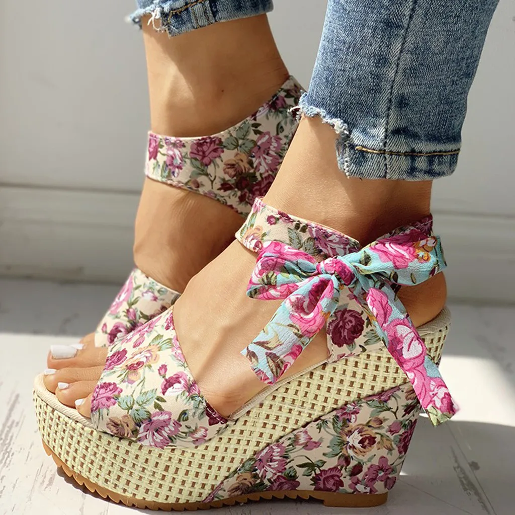 Flowered Compensated Sandals with Bow | Bohemian Charm and Comfort Height – Image 5
