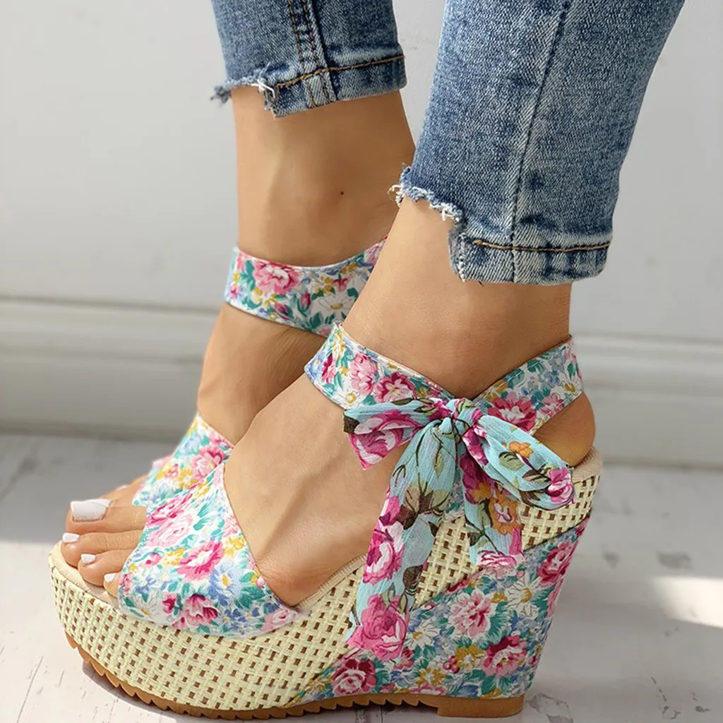Flowered Compensated Sandals with Bow | Bohemian Charm and Comfort Height – Image 8
