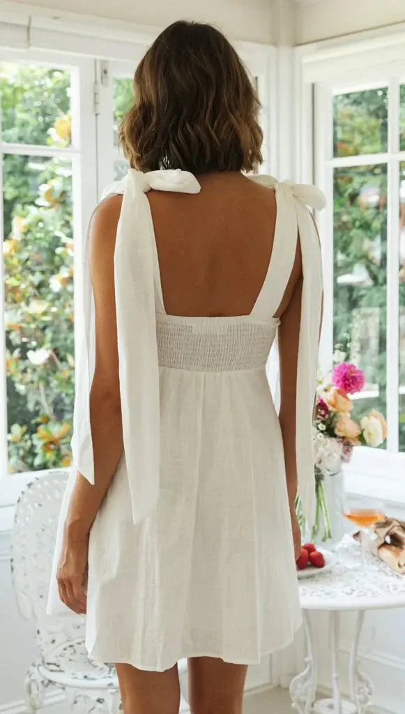 Robe Courte Lin Blanc | Bretelles à Nouer | Légère et Féminine – Image 3