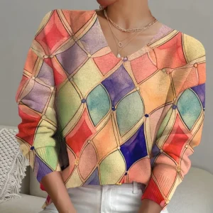 Multicolored V-Neck Top | Cotton | Geometric Art Print