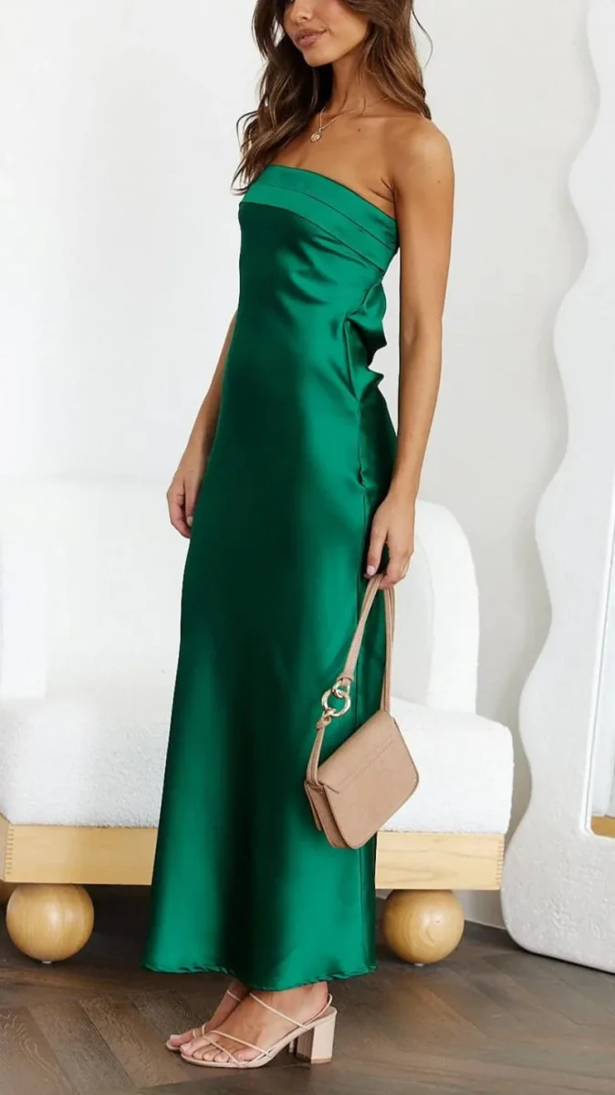 Robe Longue Satinée | Émeraude | Élégante et Asymétrique – Image 3