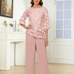 Tailleur-Pantalon Mère De La Mariée 2 Pièces À Col Rond Dentelle Ondine