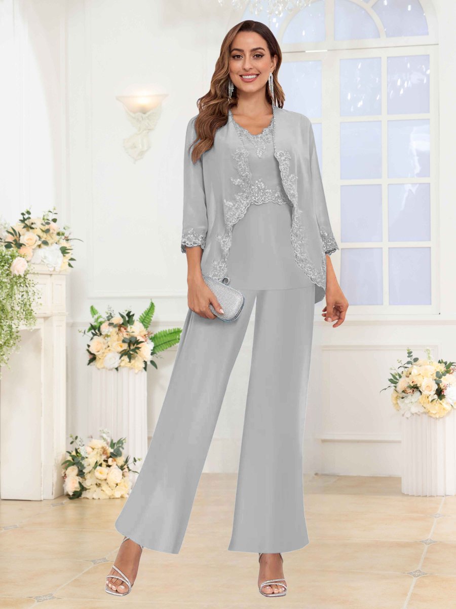 Tailleur-Pantalon Mère De La Mariée 3 Pièces En Mousseline À Appliqués Novalee – Image 4