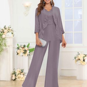 Tailleur-Pantalon Mère De La Mariée 3 Pièces En Mousseline À Appliqués Novalee