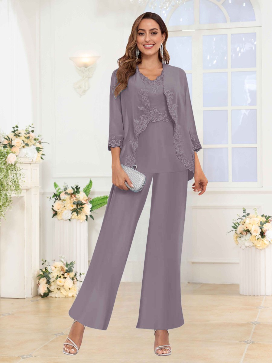 Tailleur-Pantalon Mère De La Mariée 3 Pièces En Mousseline À Appliqués Novalee
