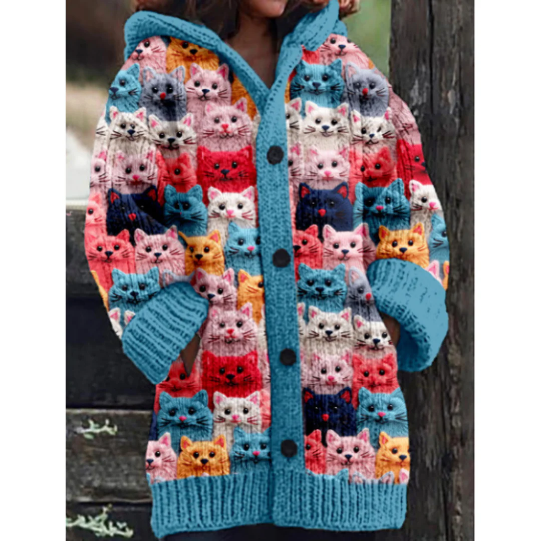 Cardigan en Tricot Multicolore à Motifs Chats | Mélange Acrylique & Polyester | Douillet & Original – Image 2