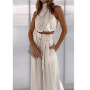 Elegant Women's Set | Viscose | Draped Top & High Waisted Pants