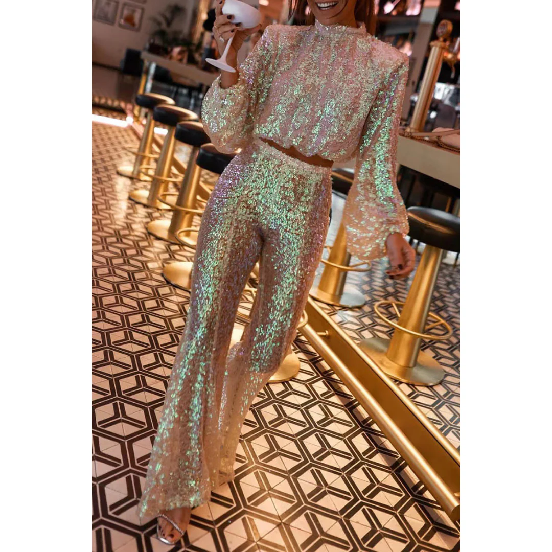 Ensemble Pailleté Femme | Effet Holographique | Haut Manche Longue & Pantalon – Image 3