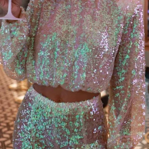 Ensemble Pailleté Femme | Effet Holographique | Haut Manche Longue & Pantalon