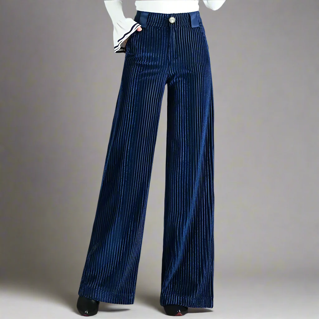 Wide Leg Velvet Pants | Navy Blue | Elegant High Waist