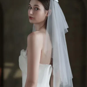 Voile De Mariée Joli En Tulle À Deux Niveaux Avec Nœud