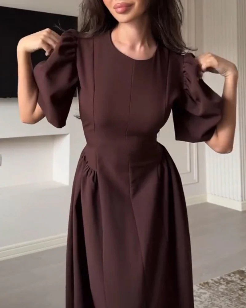 Robe Longue Chocolat | Manches Bouffantes & Jupe Évasée | 100% Coton – Image 5