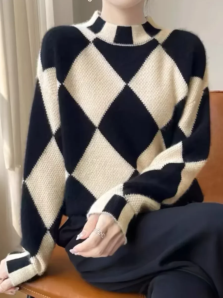 Eva - Pull Col Montant | Motif Losange | Chic & Moderne – Image 2