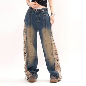 Destroy Wide Jeans with Frayed Details | Grunge Attitude and Rebel Style