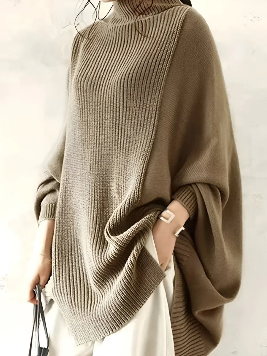 Ribbed Knit Poncho | Khaki | Fluid and Comfortable – Image 3