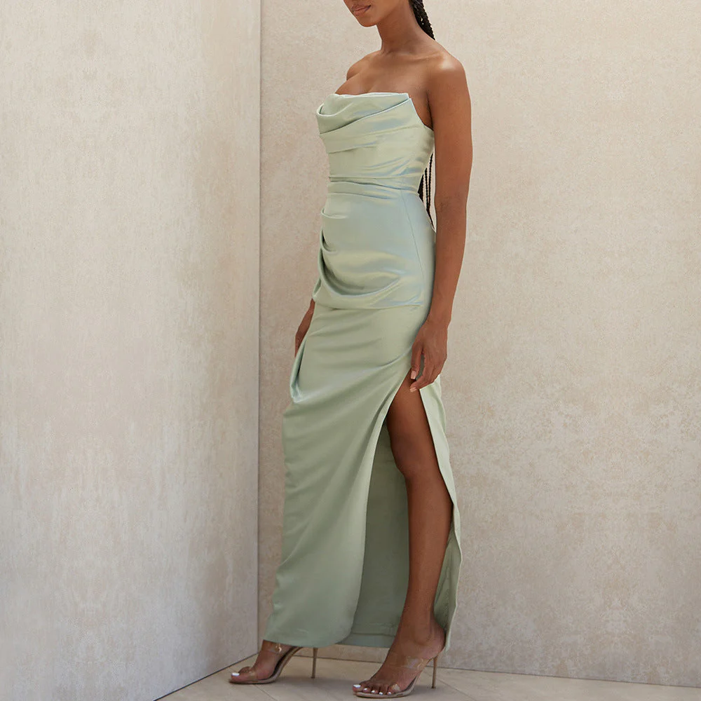 Draped Maxi Dress | Satin Elegance and Sculpted Silhouette – Image 3