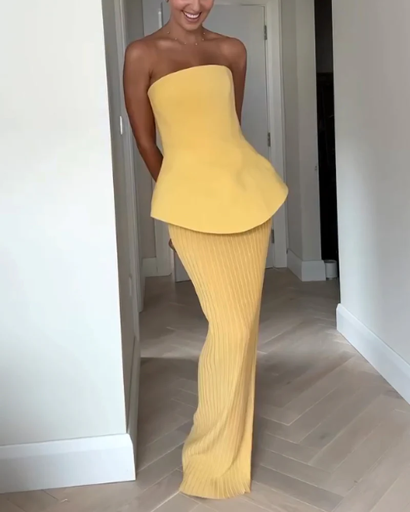 Structured Bustier Top & Pleated Long Skirt | Viscose | Elegant Sunshine and Sculpted Silhouette – Image 4