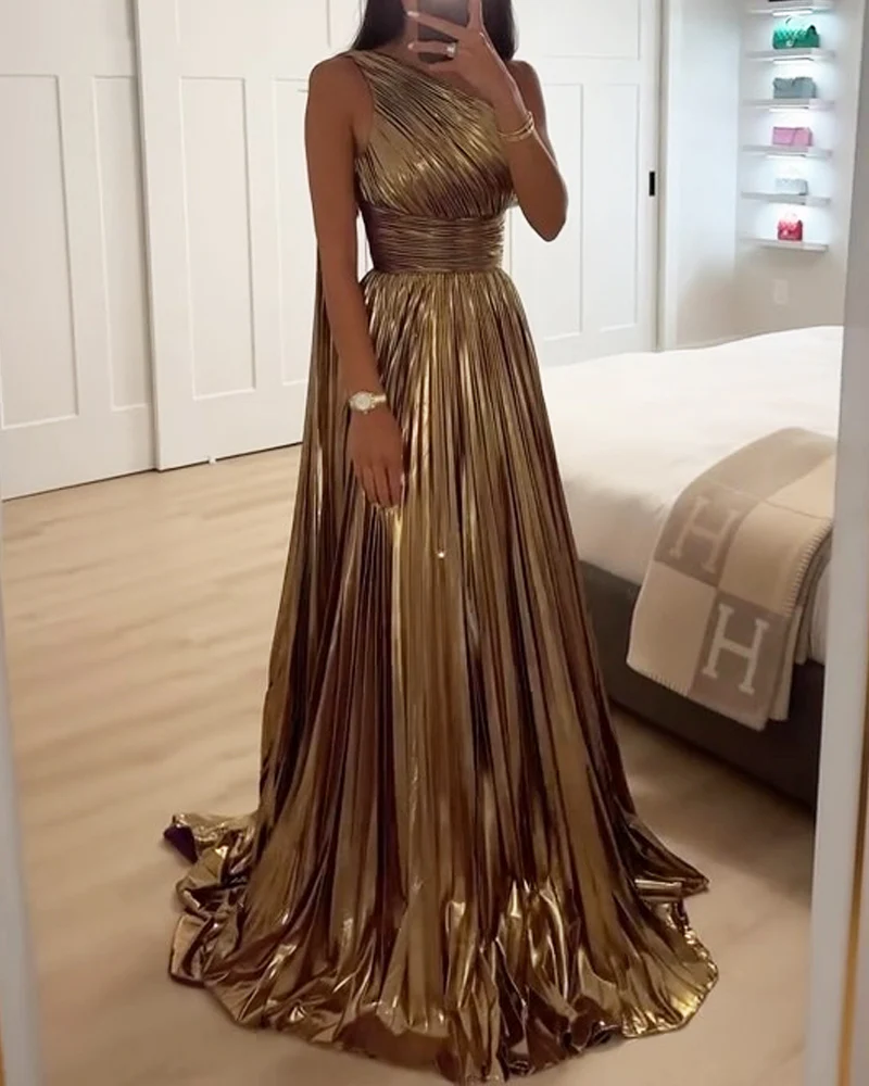 Golden Pleated Maxi Dress | Viscose | Elegant Drapé & Gala Shine – Image 4