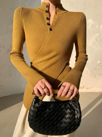 Noa - Pull Asymétrique Boutonné | Maille Côtelée | Élégant & Moderne – Image 3