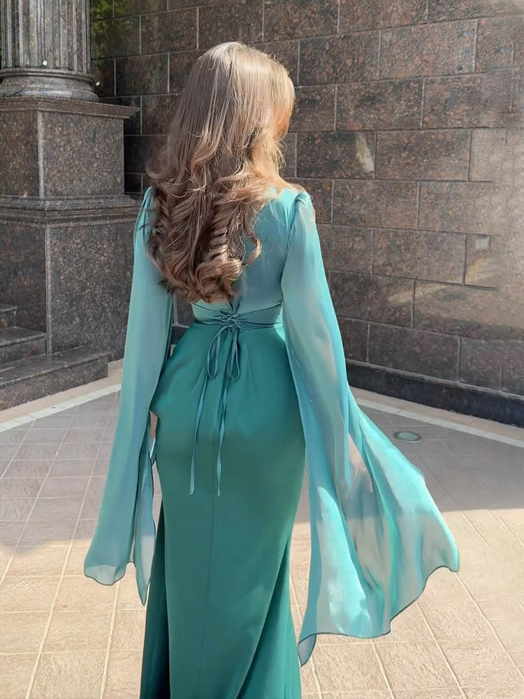 Draped Long Dress with Fluid Sleeves | Evening Elegance – Image 4