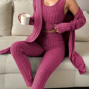Cocoon Chic | 3 Piece Ribbed Loungewear Set Raspberry