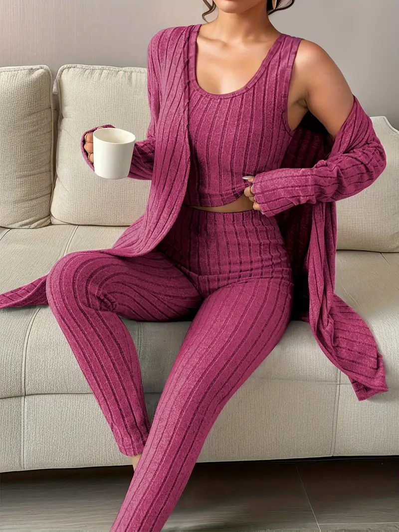 Cocoon Chic | 3 Piece Ribbed Loungewear Set Raspberry