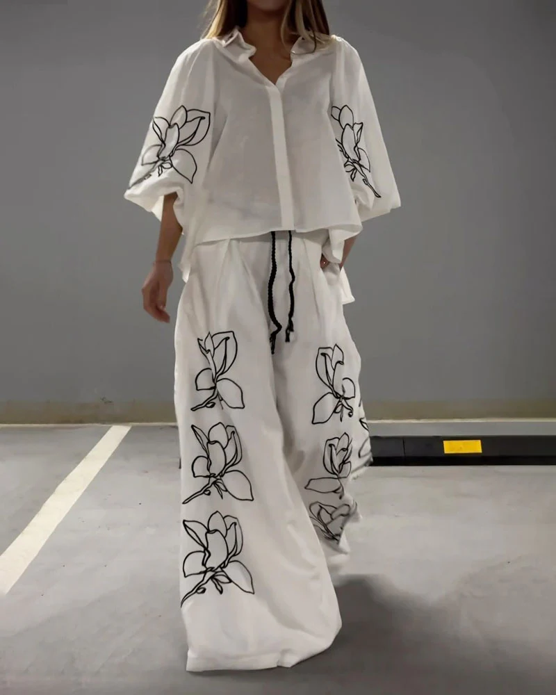 Ensemble Brodé Blanc | Coton | Fluide et Graphique