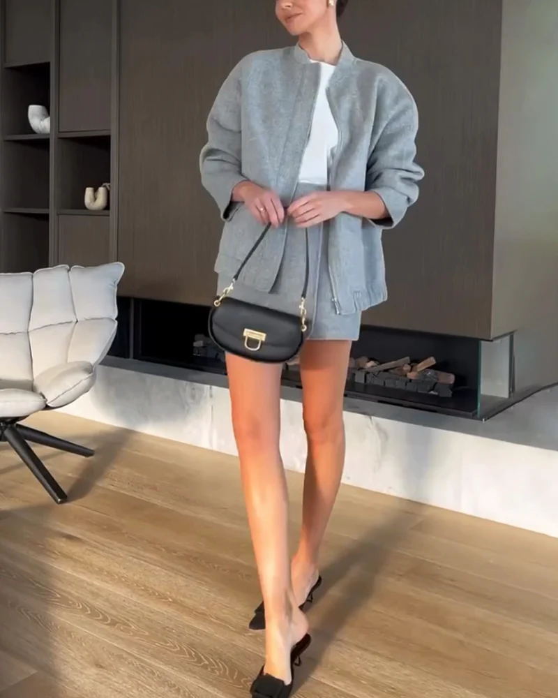 Ensemble Court Gris Clair | Veste Zippée & Short Taille Haute | 100% Coton – Image 3