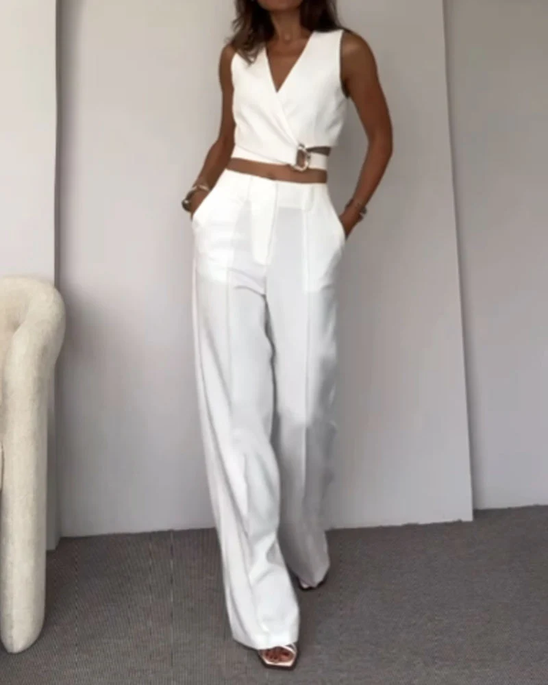 Women's Suit Set | Double Breasted Top & Wide Leg Pants | Ring Detail – Image 8