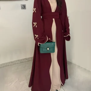 Robe Longue Abaya | Manches à Nœuds & Ceinture | 100% Coton