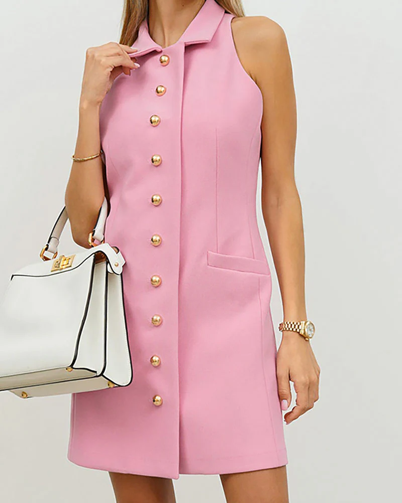 Straight Dress | Sleeveless & Gold Buttons | Structured Elegance – Image 3