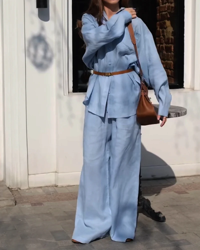 Ensemble Bleu Ciel en Lin | Chemise Ample & Pantalon Large | Élégance Décontractée – Image 3